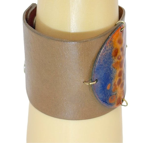 Leighelena GENUINE Leather Metallic Cuff Bracelet with Enamel Centerpiece - Picture 3 of 13